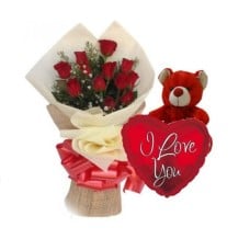 Red Roses Bouquet And Teddy With Free Balloon