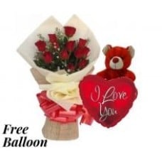 Red Roses Bouquet And Teddy With  Balloon