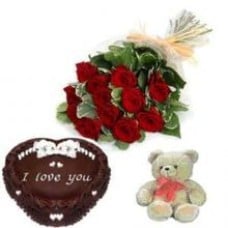 12 Red Roses, 1 Kg Heart Shaped Cake And Teddy Bear