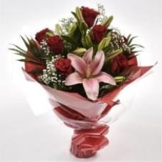 Red Roses With White Lilies Bouquet