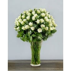 100 White Roses In A Tall Glass Vase