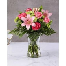 Pretty In Pink Lilies And Cerise Roses In A Vase (Small)