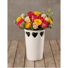 Vibrant Blooms In Cut Out Heart Vase