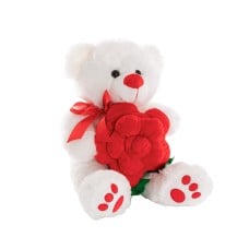 Teddy Bear Kev w Red Bow & Rose Plush Toy White (30cmST)