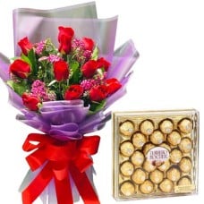12 Red Roses bouquet with 24 pcs Ferrero chocolate#1