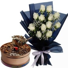 12 White Roses with Dark Forest Torte Can Cake