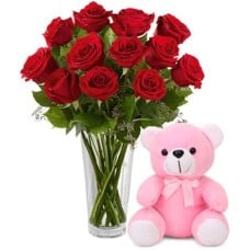 12 Red Roses Vase & Pink Teddy Bear