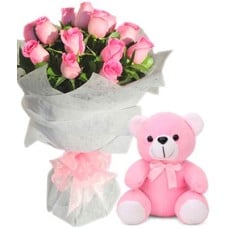 12 Pink Roses with Lovable Bear