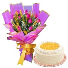 Pink Roses With Red Ribbon Cake (6" Inch)