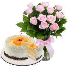 12 Pink Roses with Mango Cake by Red Ribbon (Junior Size)
