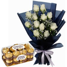 12 White Roses with 16 Ferrero Rocher Box