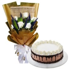 6 White Roses with Chocolate Mousse Cake