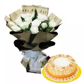 12 White Roses with Luscious Caramel Cake by Goldilocks
