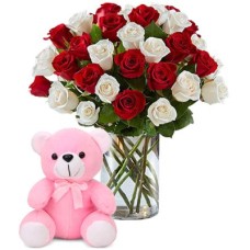36 Red, White Roses Vase & Pink Teddy Bear