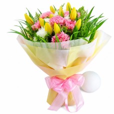 10 Yellow Tulips, 10 Pink & White Carnations Bouquet
