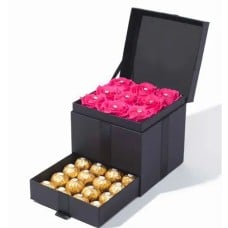 12 Pink Roses with 12 Ferrero Chocolates in a Box