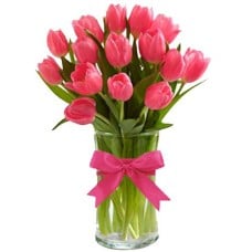 18 Pcs. Hot Pink Tulips in Glass Vase
