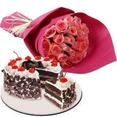 24 Pink Rose with Black Forest Cake by Red Ribbon (Junior Size)