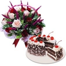 24 Red & Peach Roses in Basket with Red Ribbon Cake
