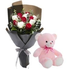12 Mixed Roses Bouquet with Pink Teddy