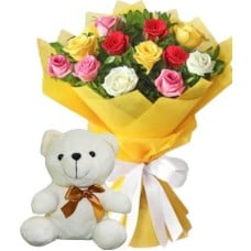 12 Mixed Roses Bouquet & White Bear
