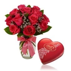 12 Red Roses vase with Heart shaped Lindt Chocolate