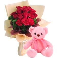 12 Red Rose Bouquet and Pink Color Teddy Bear