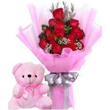 12 Red Rose Bouquet and Pink Teddy Bear