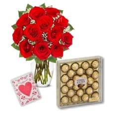 12 Red Roses Vase with 24pcs Ferrero Chocolate#26