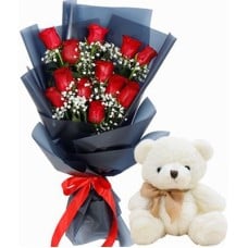12 Red Rose Bouquet and Teddy Bear