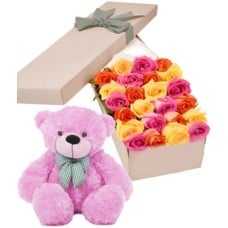 24 Mixed Roses Box with Pink Teddy Bear