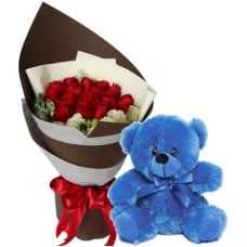 12 Red Roses Bouquet and Blue Bear