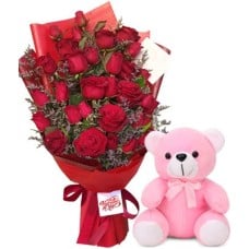 24 Red Rose Bouquet & Pink Teddy Bear