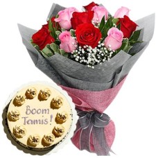 6 Red & 6 Pink Roses Bouquet & Mocha Cake