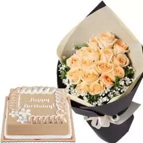 12 Peach Roses with Creamy Caramel Cake by Red Ribbon