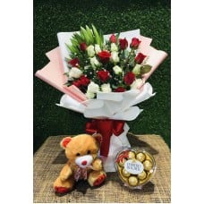 24 Red & White Roses Bouquet, Bear & Heart Ferrero
