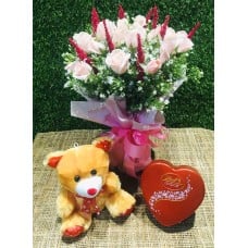 24 Pink Roses Bouquet, Heart Lindt Chocolate & Teddy