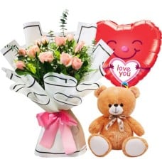 12 Pink Roses,Brown Bear with I Love u Balloon