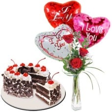 3 Red Roses Vase, Heart Balloon & Black Forest Cake