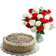 24pcs Red & White Rose in Vase With Bananalicious Pie by Contis Cake