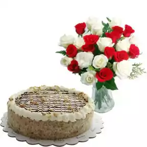 24pcs Red & White Rose in Vase With Bananalicious Pie by Contis Cake