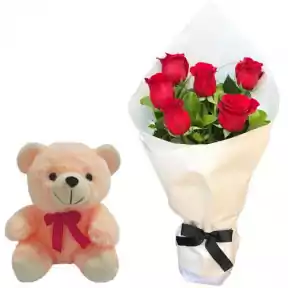 6pcs Red Rose Bouquet With Small Teddy 6pcs Red Rose Bouquet With Small Teddy