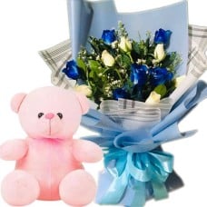 12 White & Blue Rose With Pink Small Bear