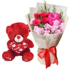 12 Red & Pink Rose Bouquet With Teddy Bear