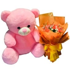 12pcs Orange Rose Bouquet With 3 Feet Teddy
