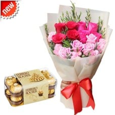 12 Red & Pink Rose Bouquet with Ferrero Chocolate