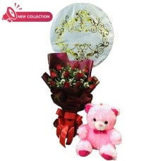 12 Red Rose Bouquet with Small Bear and Balloon