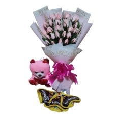 24 Peach Rose with Small Bear & Kisses Chocolate