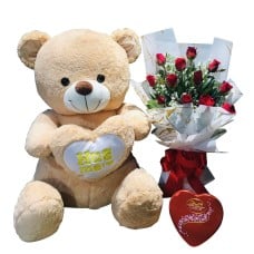 12 Red Rose with 2ft Bear & Heart Shape Chocolate