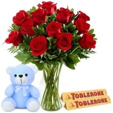 12 Red Roses in Vase, Teddy Bear & Toblerone Bar